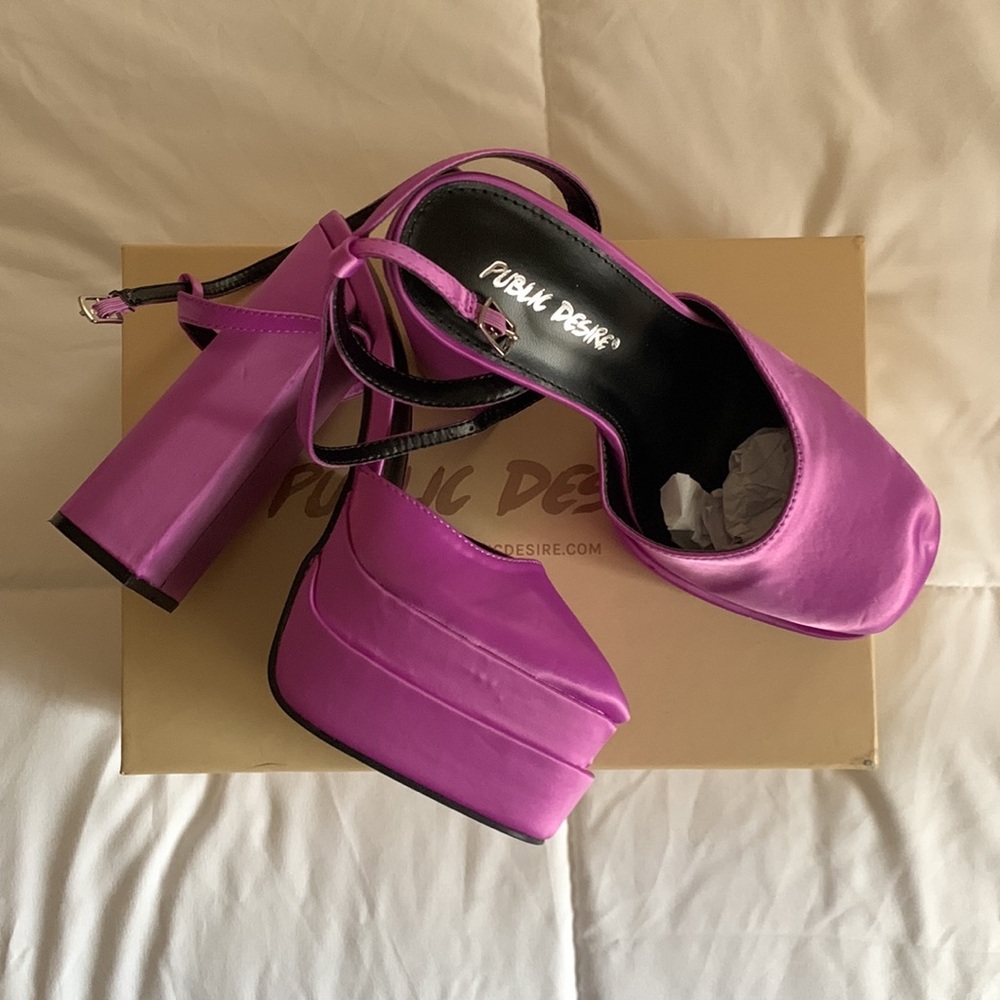 NWT Public Desire Moonchild Chunky Purple Satin Platform Pumps